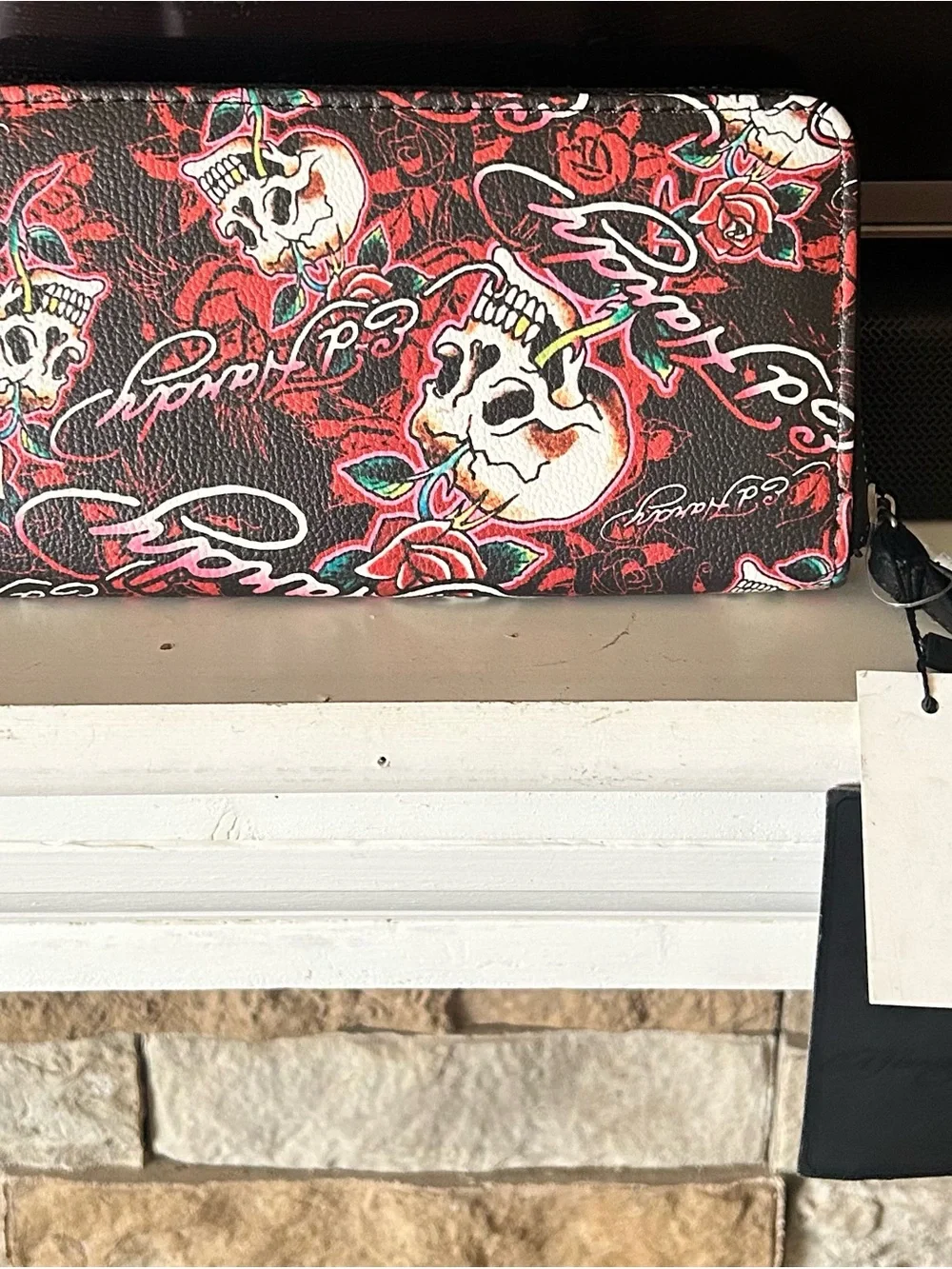 Ed Hardy Black & Red Skull Rose Zip Wallet